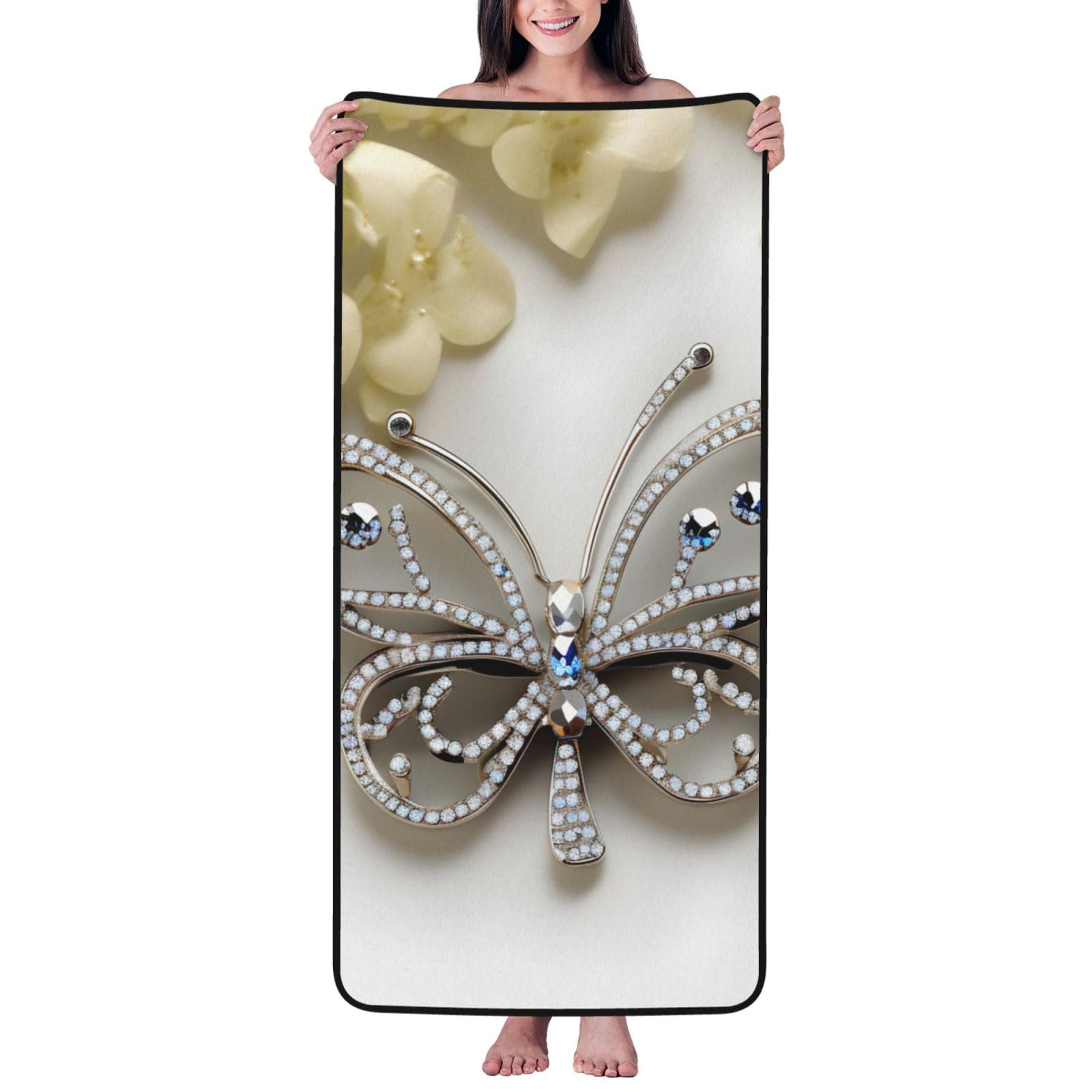 Ztpowqa Women's Black Rhinestone Butterfly And Flower Print Coral Velvet Bath Towel For Home Gym Lounging Bathroom Spa Hotel Beach Travel