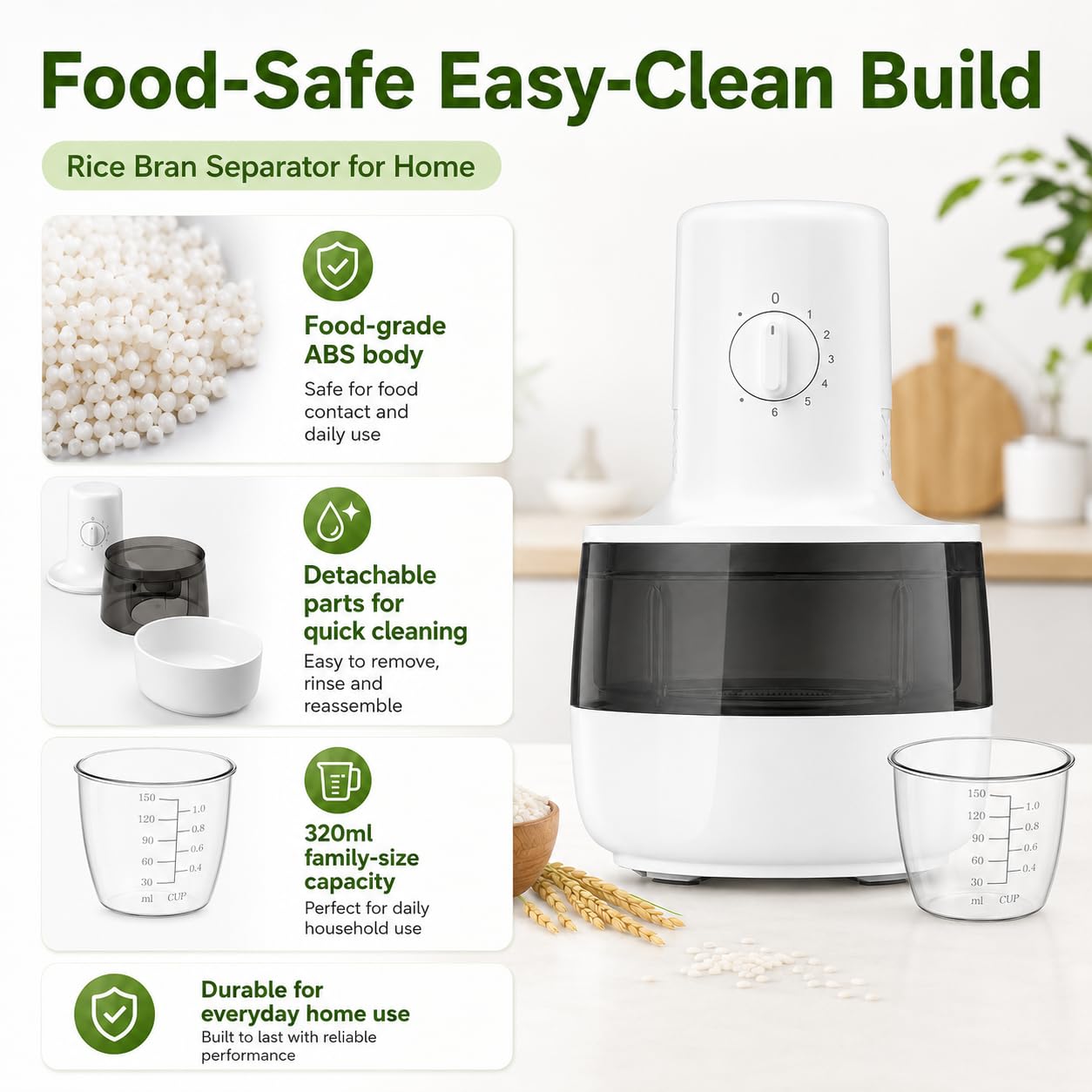 Macchina per fresatura e sbucciatura del riso con separatore automatico di crusca, 320 ml, precisione a 7 marce per grano, cereali e cereali, uso domestico efficiente