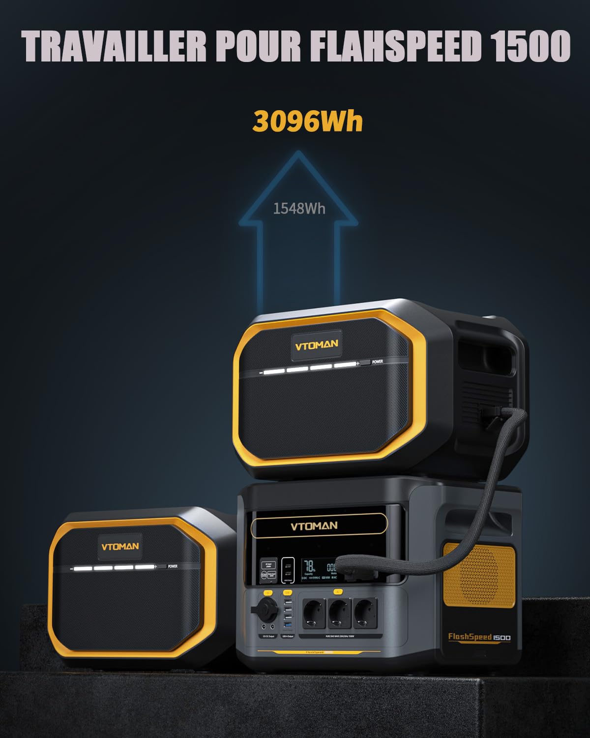 VTOMAN FlashSpeed 1500 Batterie Supplémentaire 1548Wh - pour FlashSpeed 1500/1000 Station Électrique Portable, Extensible à 3096Wh, LiFePO4 Batterie d'expansion avec Protection BMS