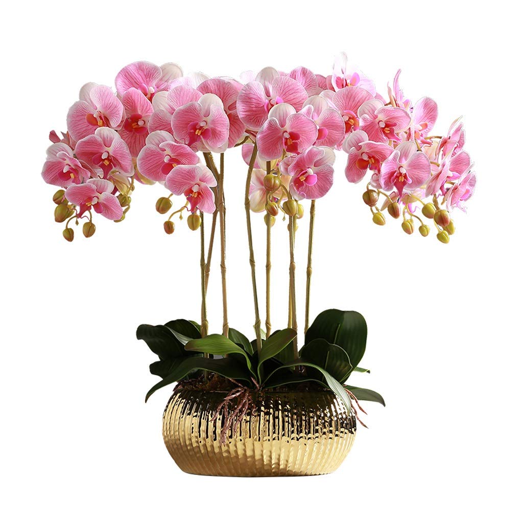 Sbziojhdr Pink Artificial Flowers, Decor Artificial Flowers With Vase Orchid Phalaenopsis With Golden Flower Pot Fake Bouquet 6 Pieces(9 Pieces)