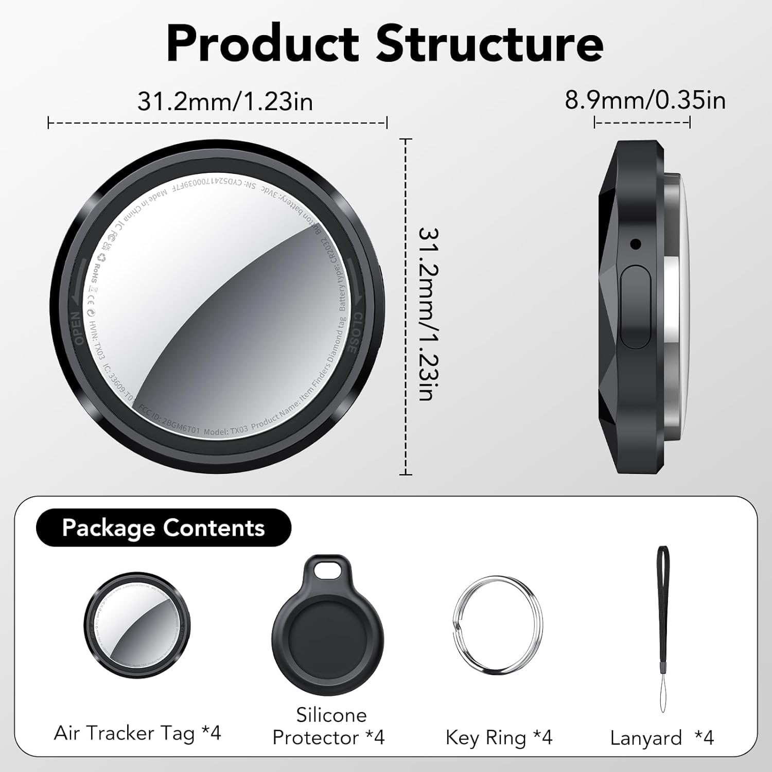 Tracker Tag Nero Inchiostro / 4 Pcs, Bluetooth Trova Oggetti Compatibile con Apple Dov'è (solo iOS), Smart Tracker Localizzatore per Bagagli/Borse/Portafogli/Zaini, Chiavi Tag Tracking