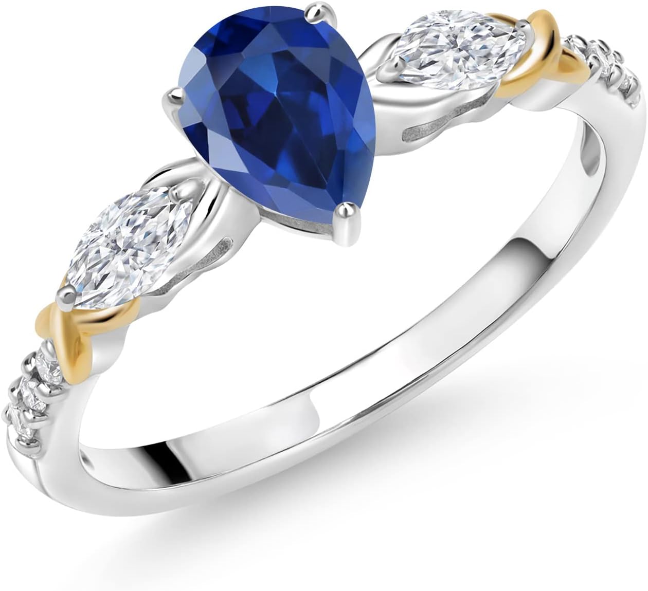 Gemstone Birthstone, Moissanite and Lab Grown Diamond Two-Tone Engagement Ring for Women | 925 Silver 10K Yellow Gold | Pear 7X5MM, Marquise 5X2.5MM, Round 1.2MM | Wedding Anniversary Promise Ring