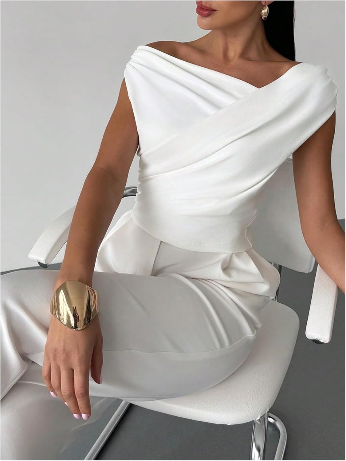 GORGLITTER Women's Wrap V Neck Off Shoulder Ruched Sleeveless Stretchy Fitted Bodysuit Leotard Tops White Large - Image 5