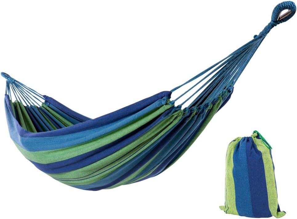 SUNCREAT 12ft Double Brazilian Wide Hammock Cotton Fabric Travel Camping Hammock with 2 Person for Indoor or Outdoor-Blue & Green Stripes