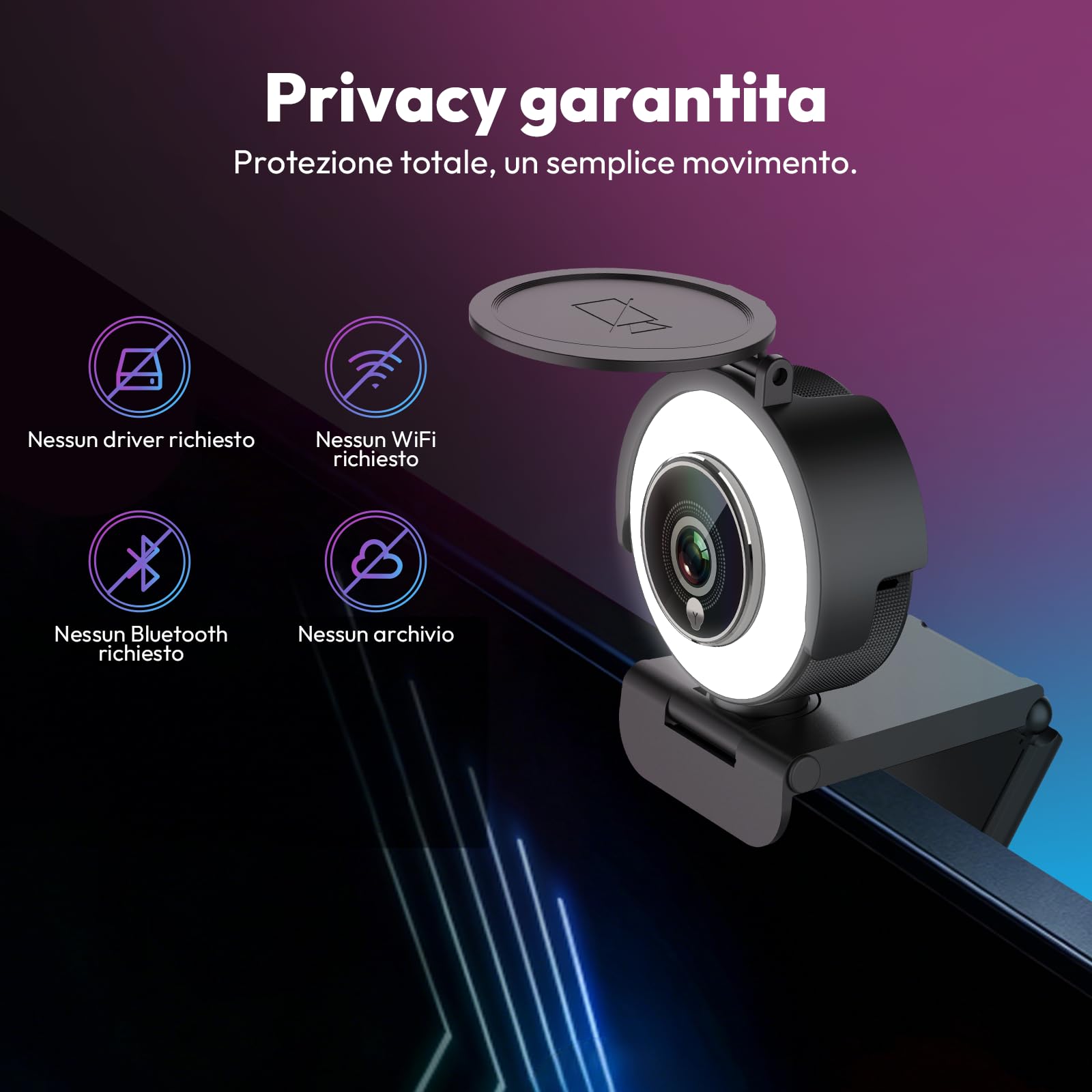 Angetube Webcam 4K con Luce per PC: Luminosità a 3 Livelli, Messa a Fuoco PDAF, Doppio Microfono Noise Cancelling, Copertura Privacy, Streaming 1080P/60FPS, USB-A/C per Laptop/Mac/Teams