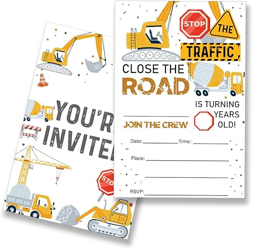 EUDOSI Invitaciones de fiesta de cumpleaños de construcción, juego de 20 con sobres, para detener el tráfico, cerrar la carretera, camión volquete