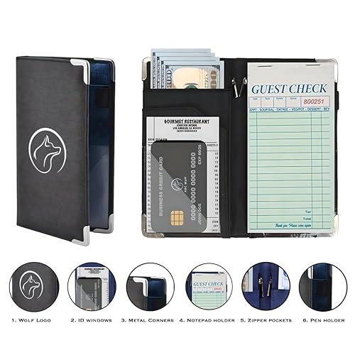Miniatura 6 de Libro de servidor premium negro oscuro para camarero y camarera, organizador con múltiples bolsillos y ventanas de identificación