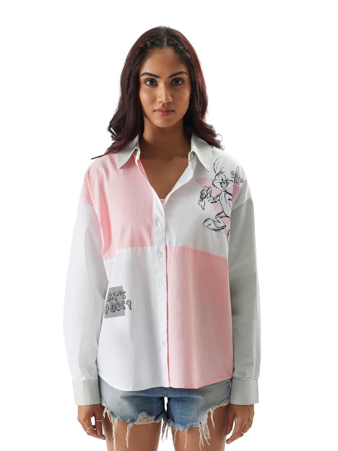 the souled store Official Looney Tunes: Bugs is Back Women and Girls Oversize Fit Full Sleeve Cotton Multicolor Boyfriend Shirt Women Boyfriend Shirts Fashionable Trendy Graphic Prints Pop Culture-picture-28