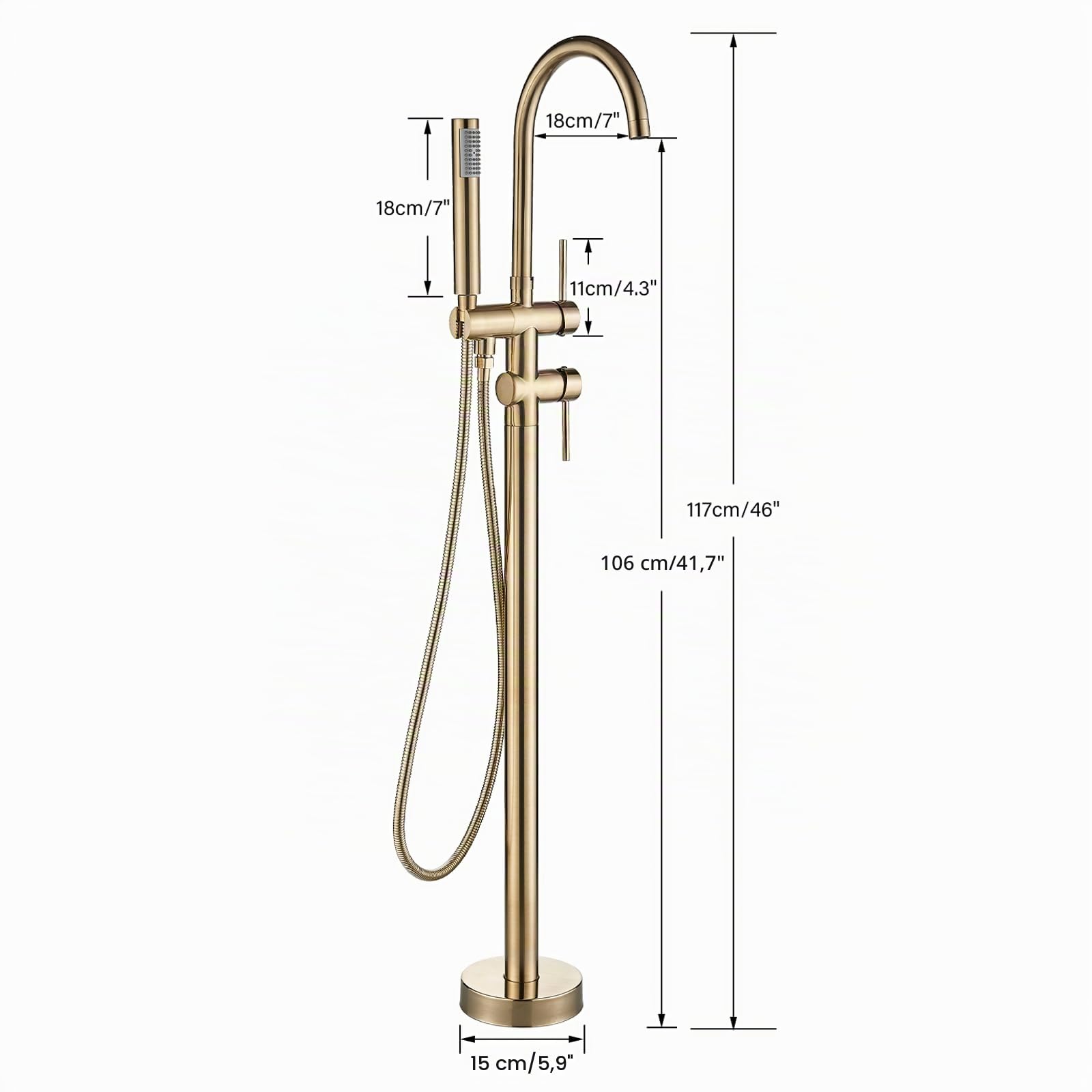 Grifo de bañera independiente para montaje en el suelo, grifo de ducha de alto flujo dorado cepillado con grifo mezclador de ducha de mano, boquilla giratoria