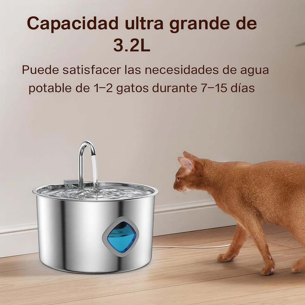 Fuente de Agua para Gatos Acero Inoxidable, Fuentes Diseño de Grifo con 2 Filtros, 3.2 L Fuentes de Agua Automática y Silenciosa de Gran Capacidad Fácil de L (USB+10 Filtros)