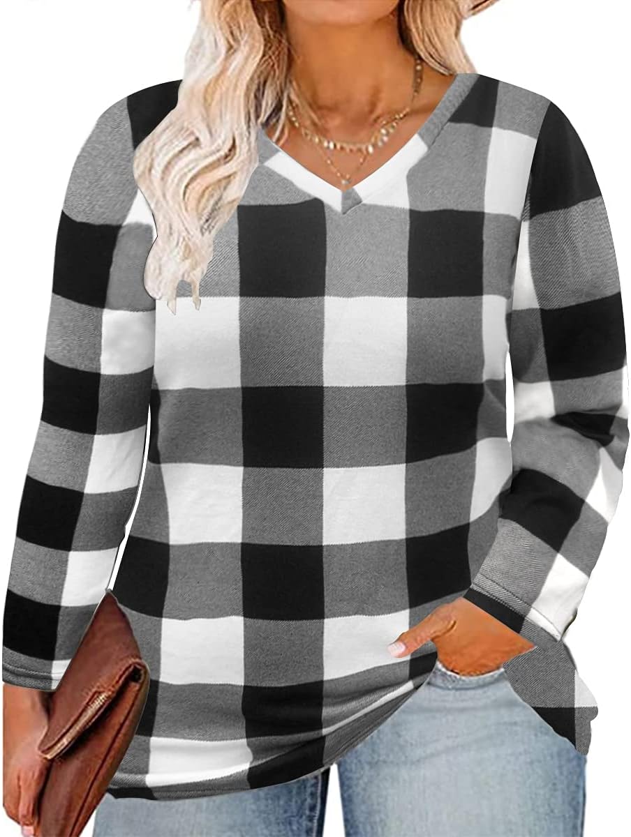 Womens Plus Size Tops Long Sleeve Shirts V Neck Tunic Floral Blouses XL-5X