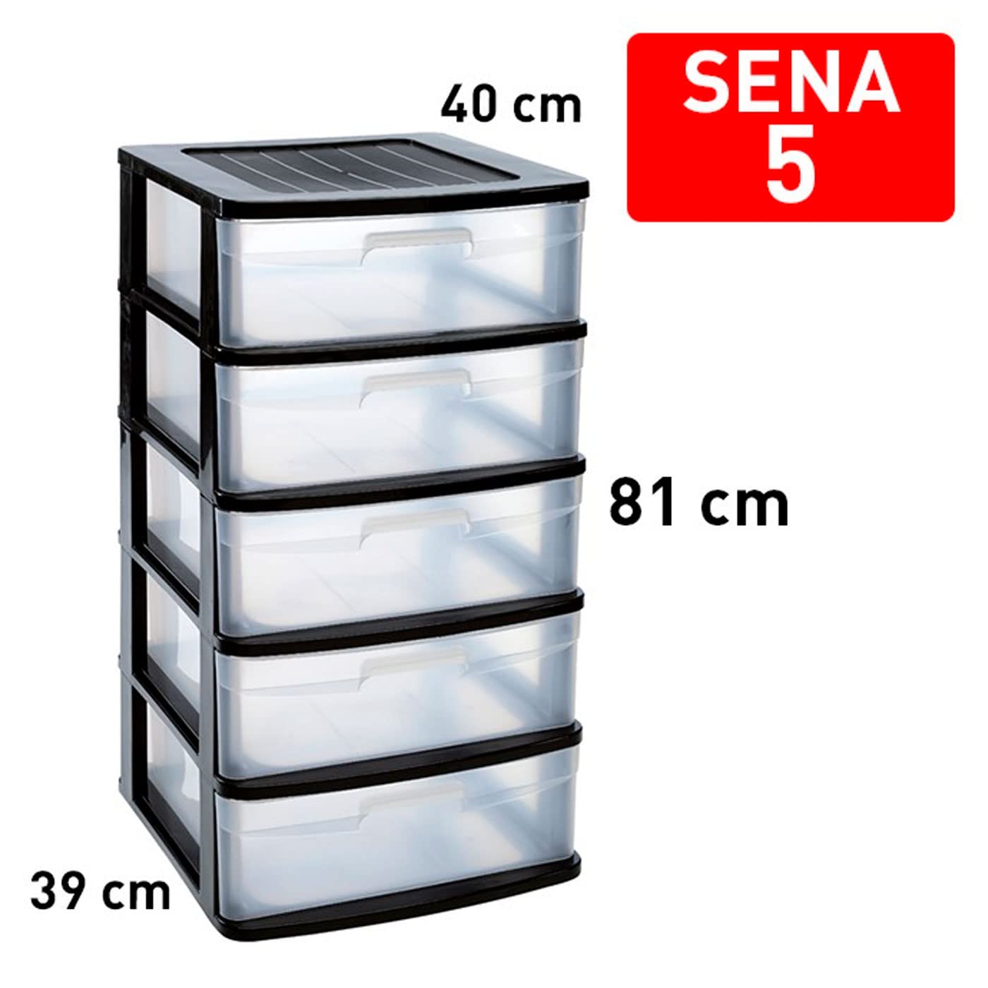 Acan Tradineur - Cajonera Sena de ordenación con 5 cajones opacos, plástico, torre de almacenaje multiusos, hogar, 81 x 40 x 39 cm, negro