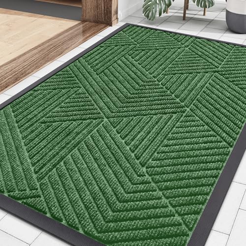 Image of Smiry Front Door Mat Outside Entrance, Heavy Duty Sturdy Natural Rubber Doormat, Trap Dirt and Moisture, Easy Clean Low Profile Mats for Indoor Outdoor Entry, Irregular Triangle (29.5x17, Green)