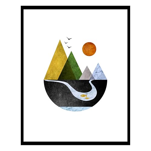ZEARPT Minimalist Scandinavian Mountain Wall Art, Geometric Nordic Landscape Print,