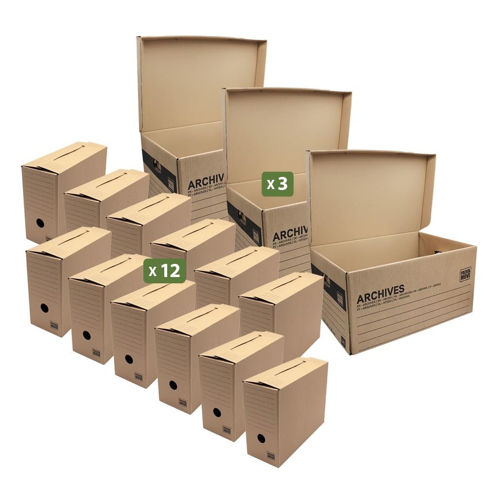 Pack and Move Lot de 12 boîtes d'archives taille XL - 54 x 36 x 28 cm - Boîte de rangement incluse