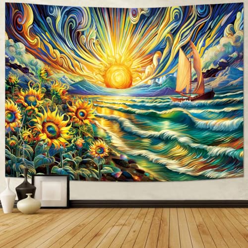 Amonercvita Sunflowers Tapestry Trippy Sun Tapestry Hippie Wave Tapestry Sea Beach Landscape Wall Hanging Magical Clouds Tapestry Sailing Boat Wall Tapestry thumb #1