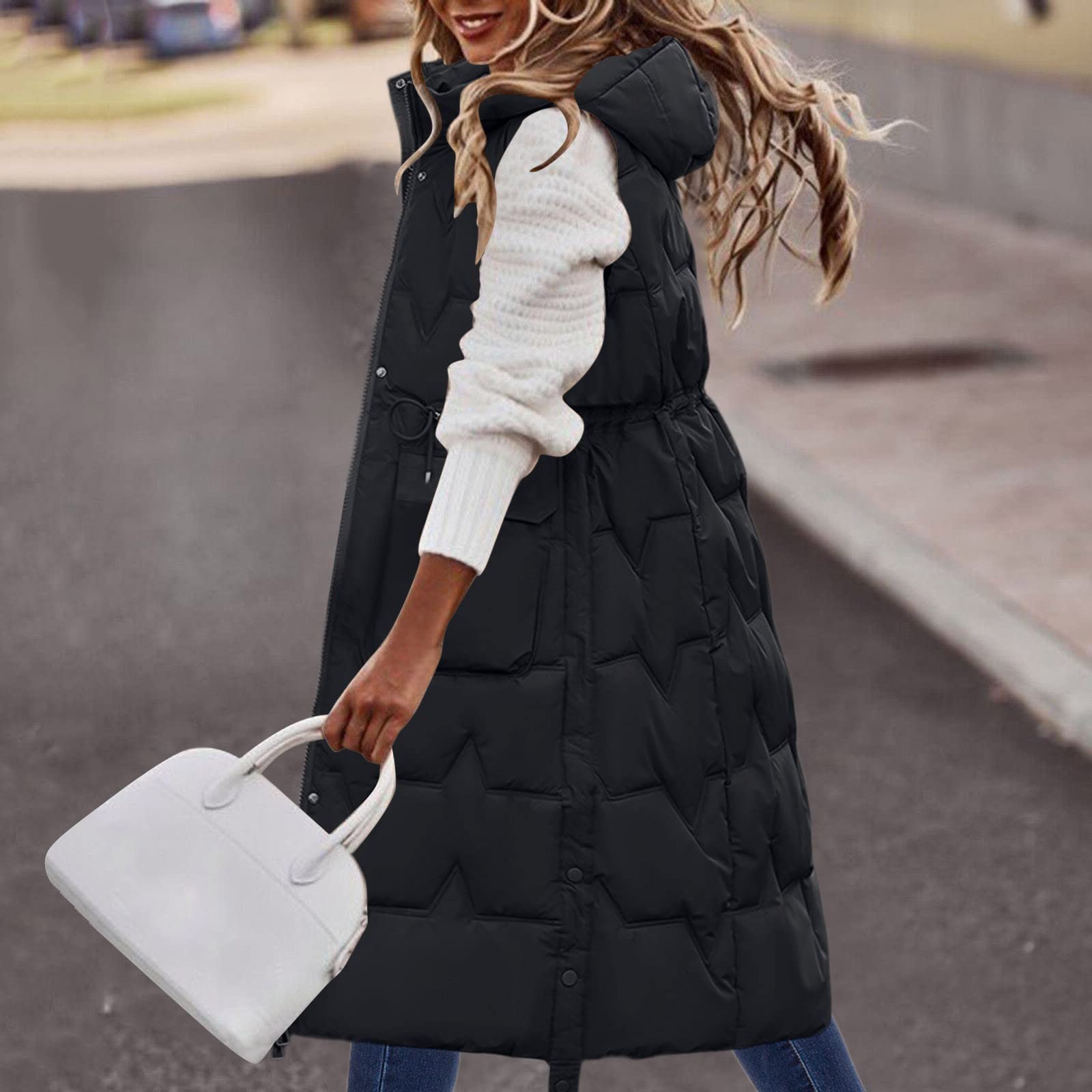 Generisch Cappotto invernale lungo da donna, senza maniche, caldo, con tasche, gilet in piumino, giacca per attività all'aperto