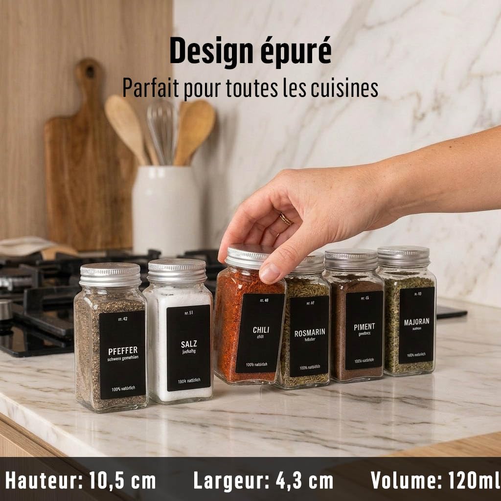 Deco haus® Lot de 36 Bocaux à Épices Carrés Hermétiques [avec Étiquettes & Saupoudreur] - Bocaux en Verre - Pot a Epices en Verre et Bois, Spice Jars - Récipients d'Épices - Pot à Epices