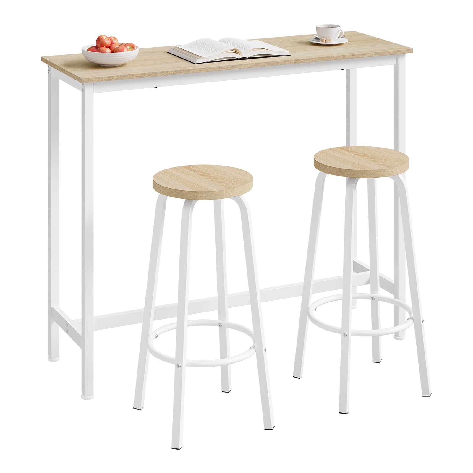 WOLTU Set Mesa de Bar y 2 Taburetes, Muebles de Bistro de Comedor para Salon, Barra Cocina con Estructura de Metal, 120x40x100cm, Blanco + Roble Claro