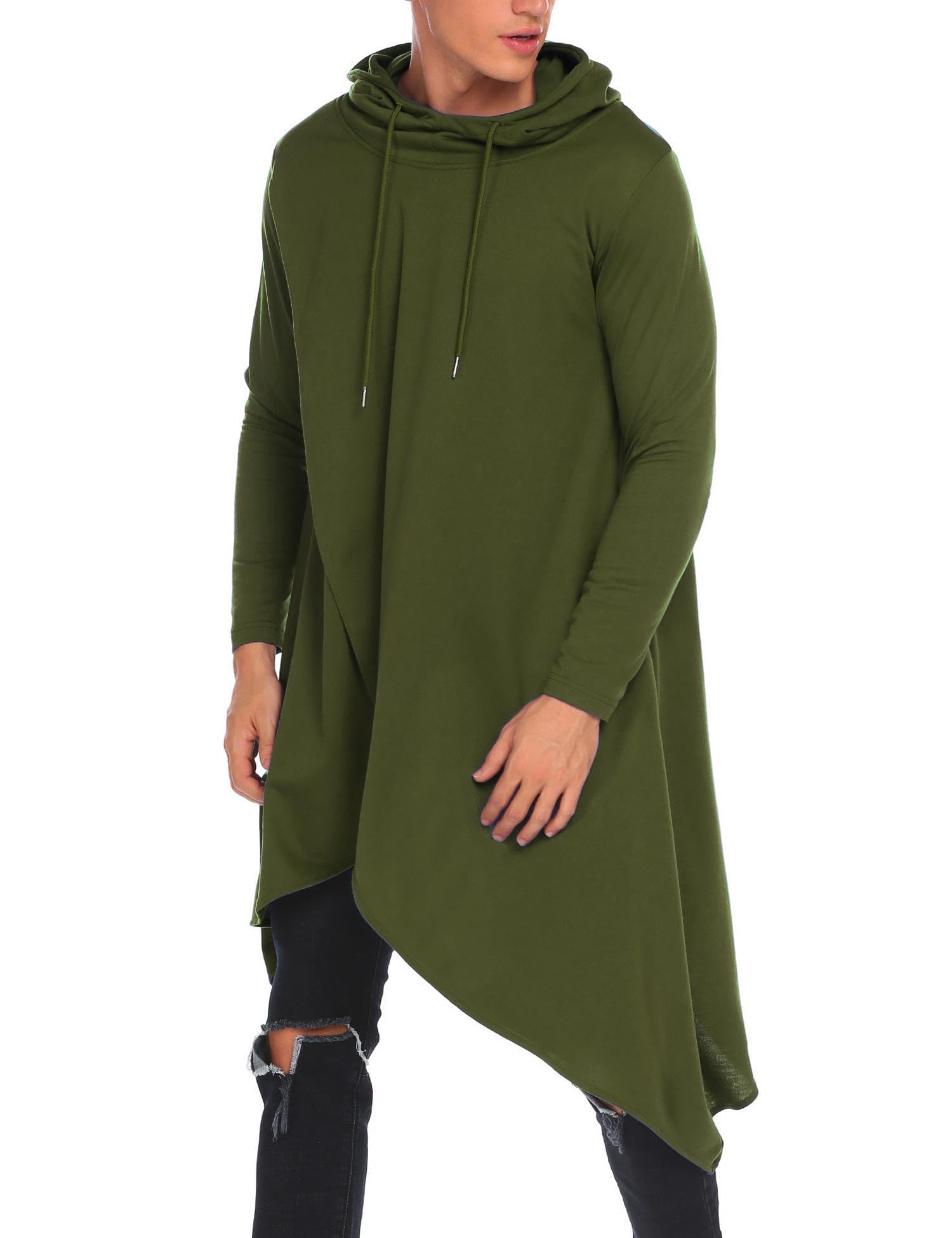 Coofandy Men's Army Green Hooded Poncho Cape Cloak Casual Asymmetric Hem Hoodie Sweatshirts, L