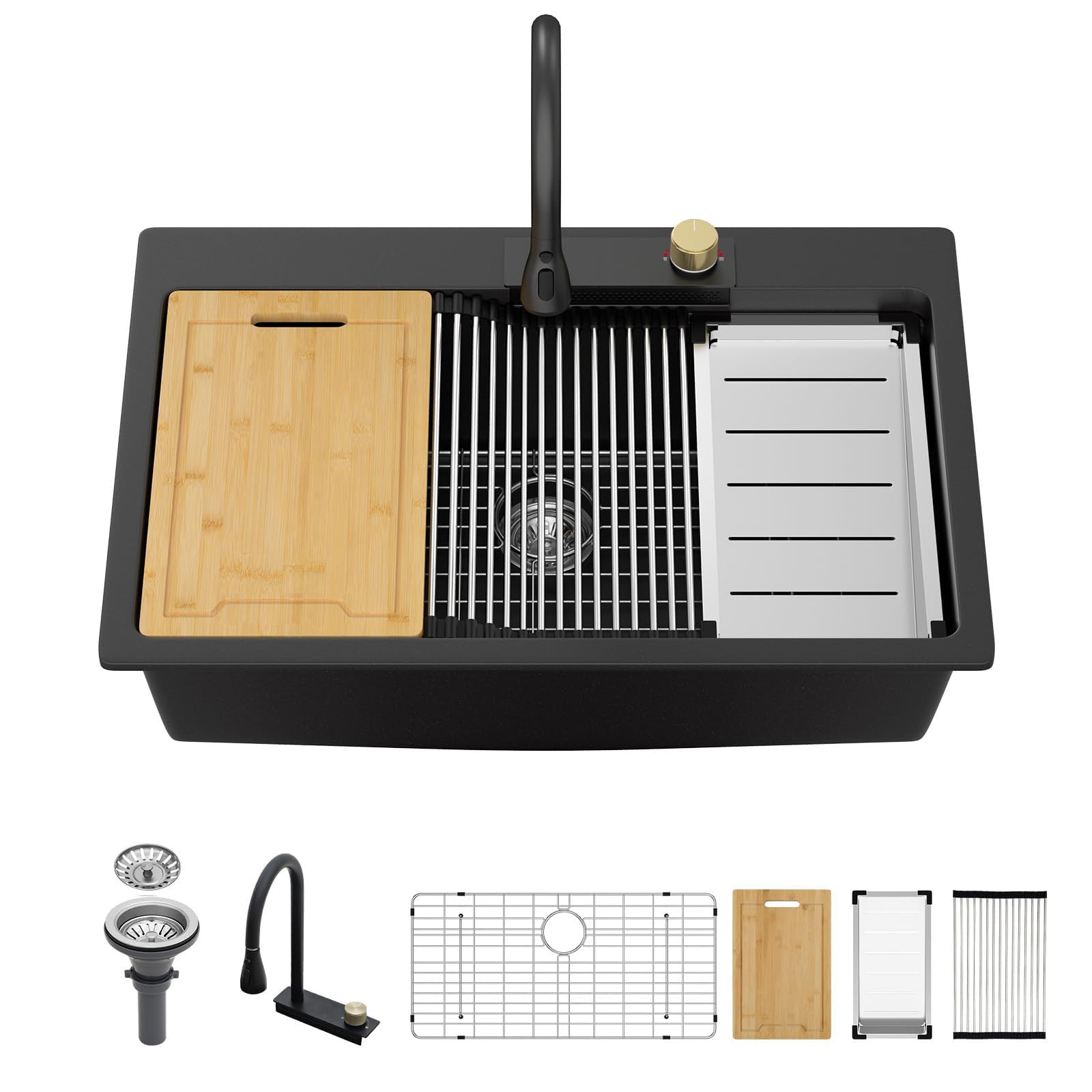 Photo 1 of Sarlai 33 Inch Waterfall Kitchen Sink - Drop In Granite Composite Sink 33x22 Inch Topmount Workstation Sink Matte Black Kitchen Sinks Quartz Single Bowl Multifunction Sinks with Waterfall