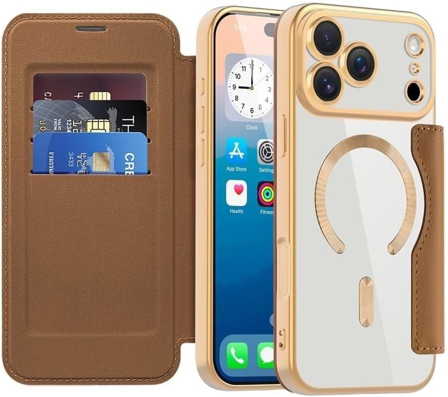 Magnetic Flip Wallet Case for iPhone 17/17 Air/17 Pro/17 Pro Max, Electroplated Leather Cover with Camera Protector, Slim Card Slots & Strong Magnet(Brown,17 Air)