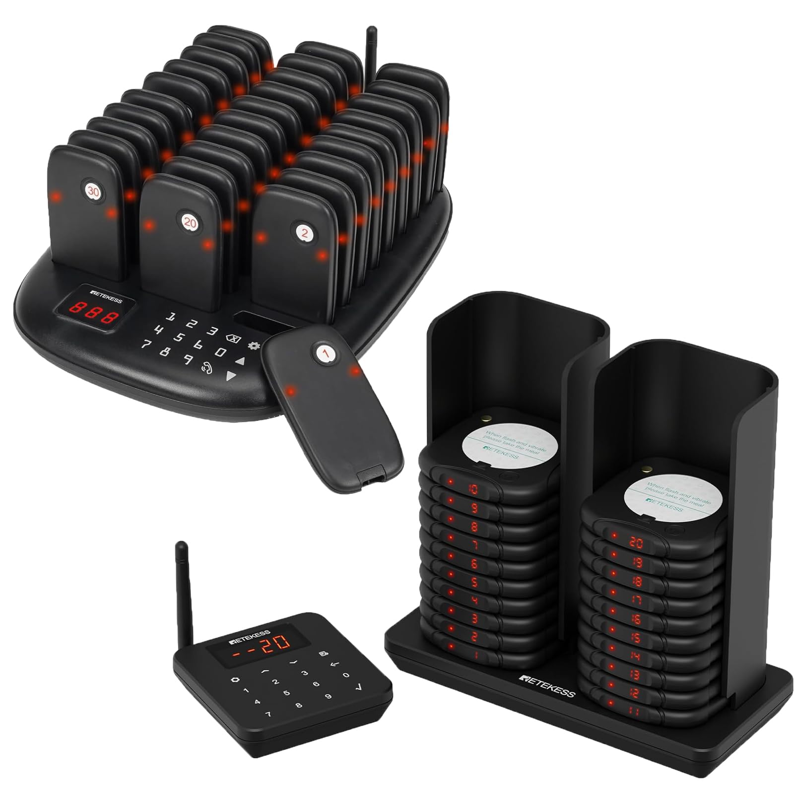 Retekess TD175P Restaurant Pager System Buzzers Bundle with Retekess TD186 Restaurant Pager System, Set with Vibration, Flashing and Buzzer for Food Trucks, Hotels, Churches, Bars