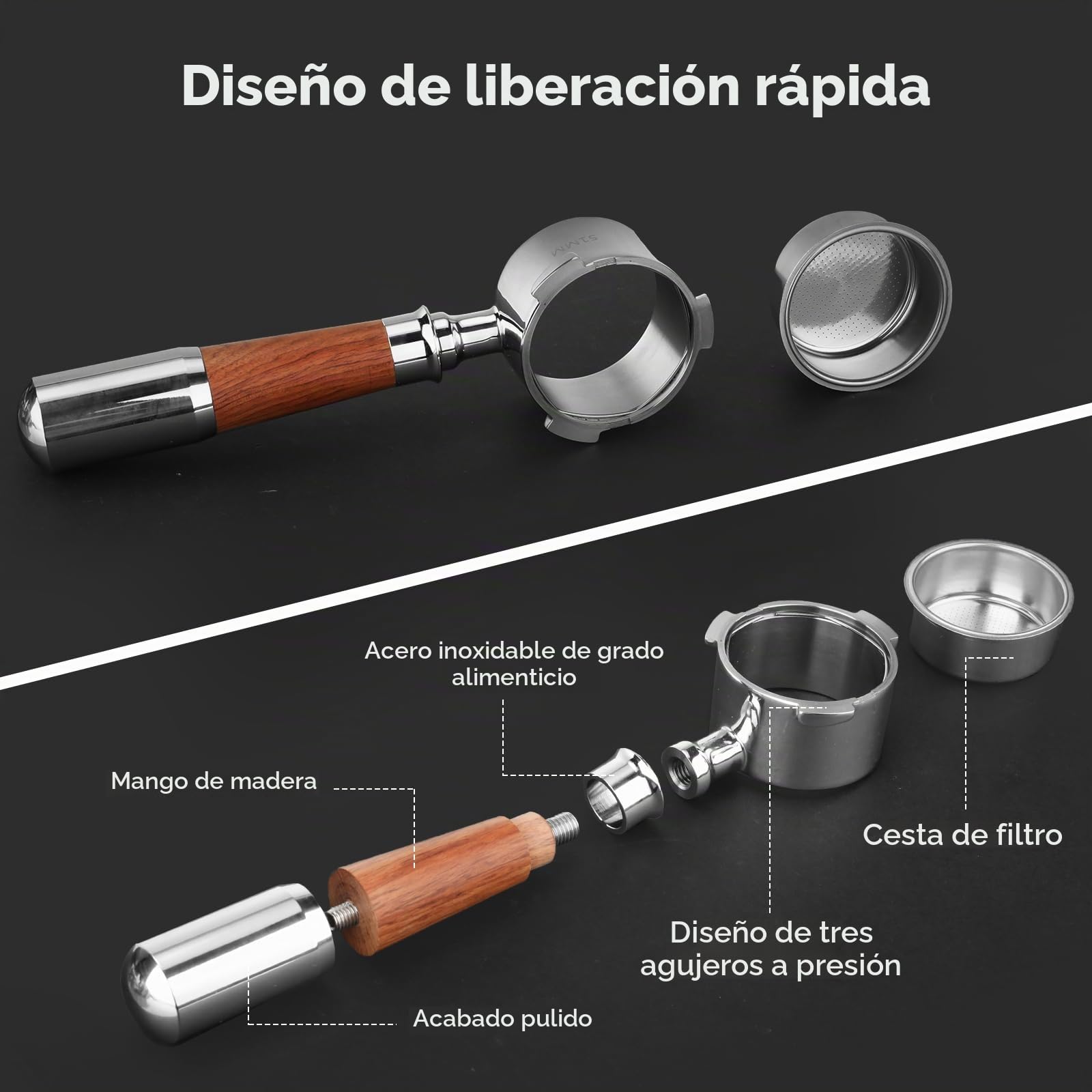 Romon Portafiltro Sin Fondo 51mm, Accesorio con Mango de Noyer y Acero Inoxidable, Compatible con Delonghi EC680/EC685/EC885/EC890, 3 Orejas