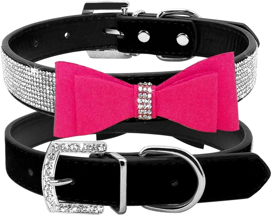 Beirui Rhinestone Glitter Leather Dog & Cat Collar - Black Flocking Made with Sparkly Crystal Diamonds Studded - Cute Double Pink…