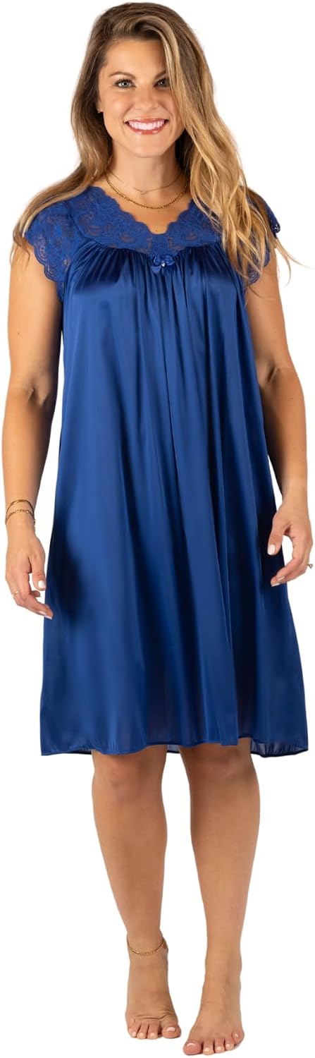 Shadowline Women’s Short Lace Cap Sleeve Nightgown - 40” Length Gown