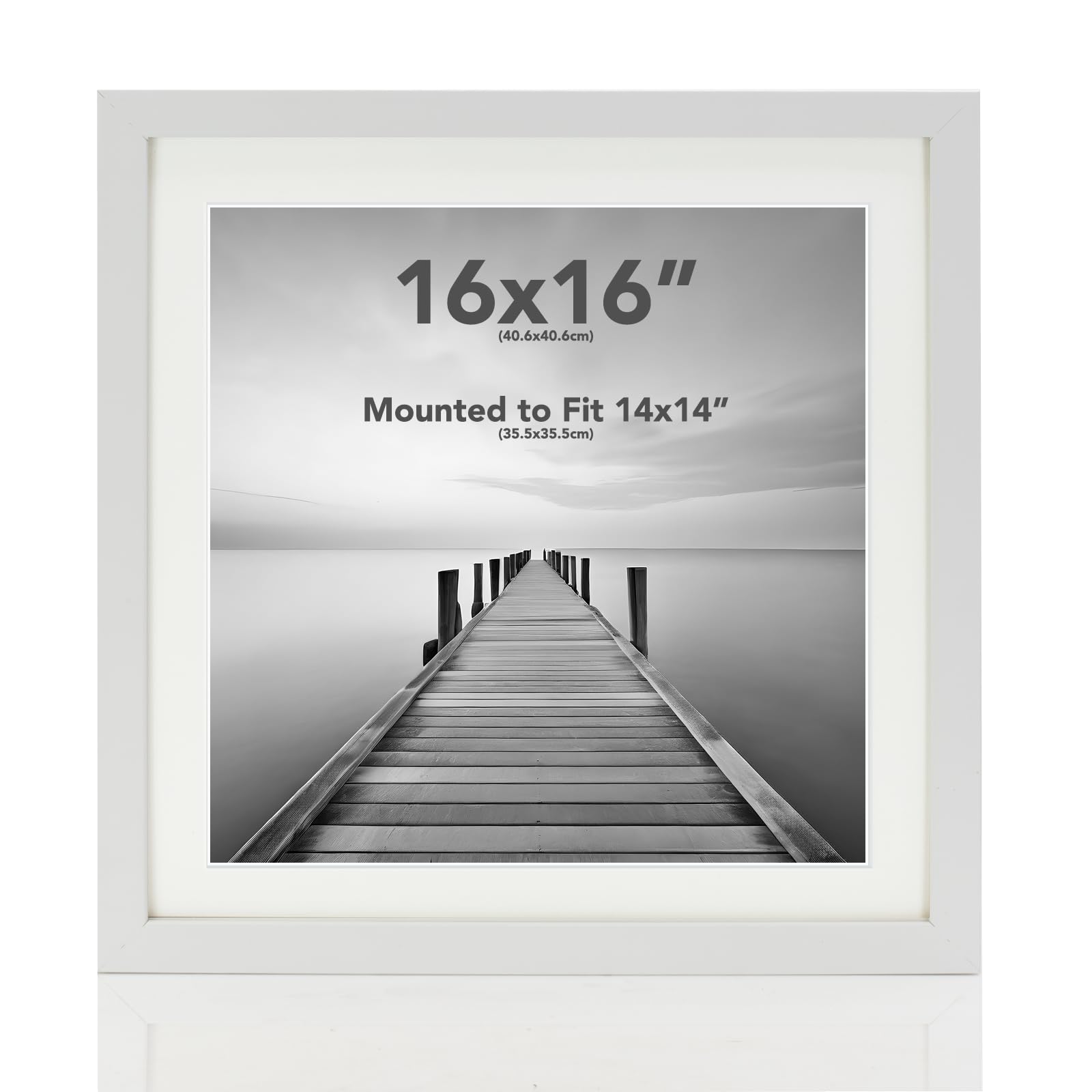 Boldon Framing - Square Thin White Wood Picture Frame, 16x16 With White Mount to fit 14x14 Picture Wall Mount Photo Display