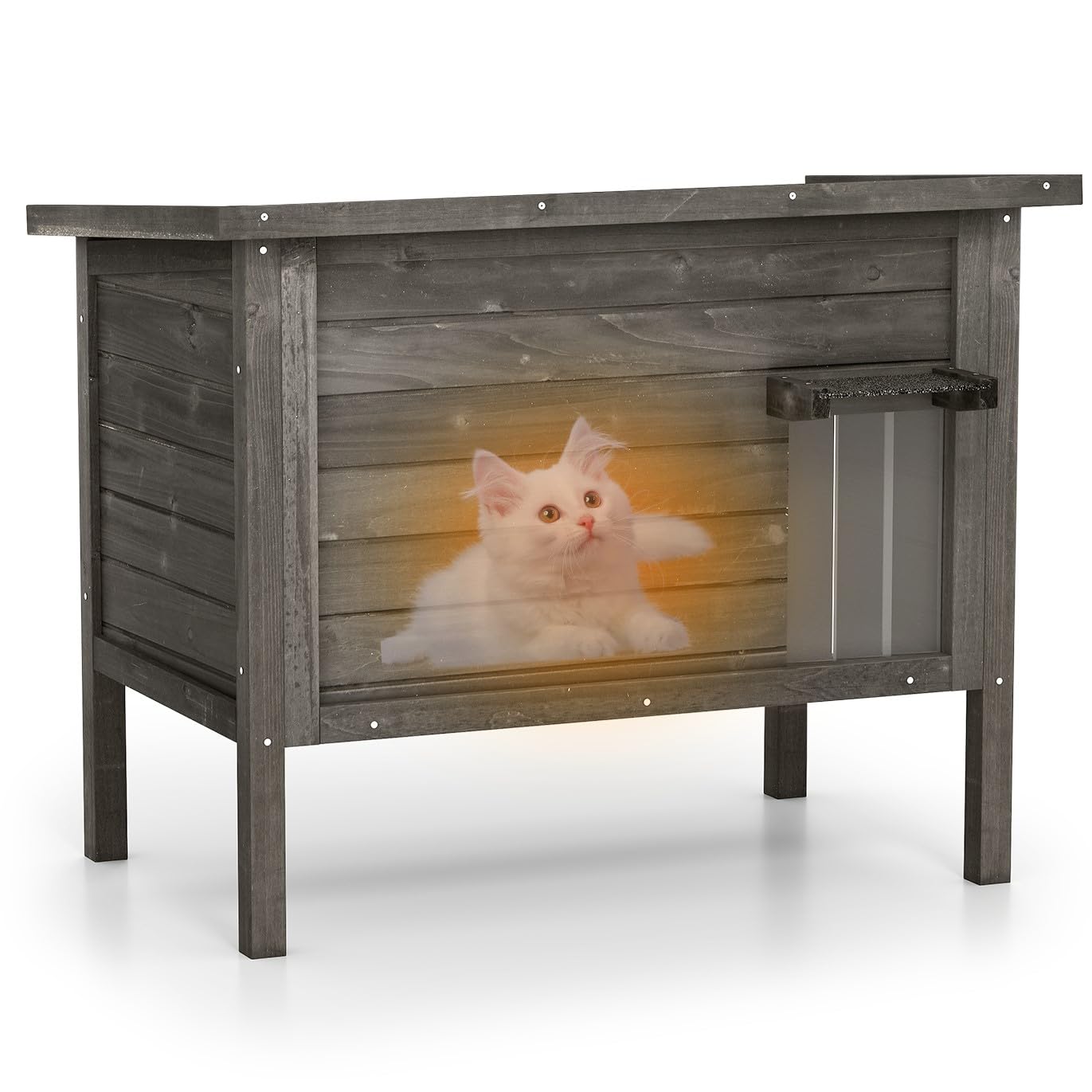 GYMAX Outdoor Insulated Cat House, Weatherproof Feral Cat Shelter with All-Round Foam, Double Room, Openable Asphalt Roof, PVC Door, Wooden Pet House for Winter Outside (Gray, 88 x 55 x 71cm)