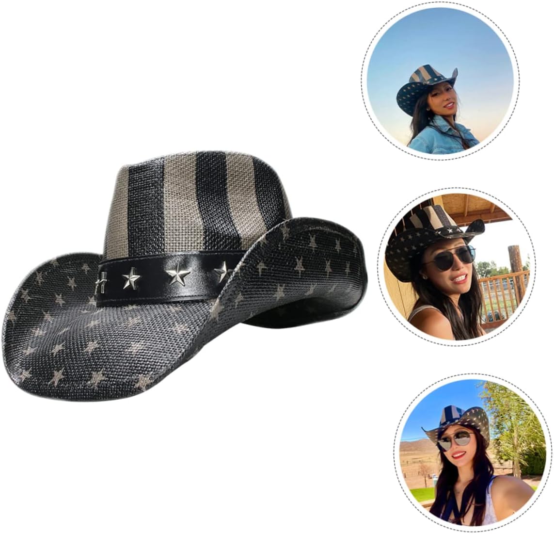 FOMIYES Vintage Western Straw Hat Unisex Cowboy Hat with American Flag Design for Camping Hiking Running and Parties Black