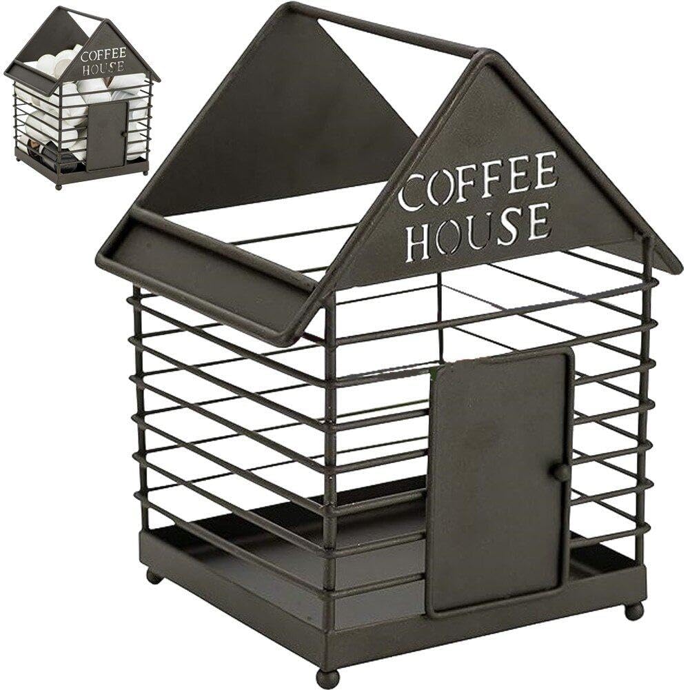 Cesta de almacenamiento de frutas de metal vintage y organizador de café en forma de casa