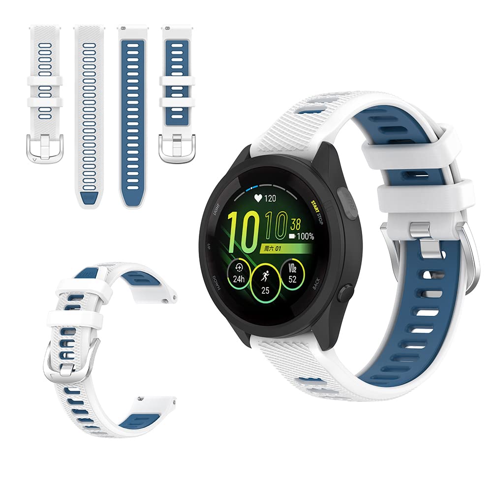 QINOUK Silicone Strap for Garmin Forerunner 265, [Breathable] Soft Silicone Sport Replacement Strap, Two-tone Strap, Adjustable Design, for Garmin Forerunner 265-White Blue