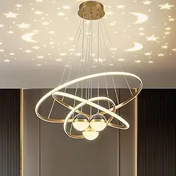 Lustre LED Dimerizável com Projeção de Galáxia e 3 Anéis | Luminária Pendente para Sala de Jantar sobre Mesa, Ilha de Cozinha, Sala de Estar e Quarto com 3 Cores (Ouro)