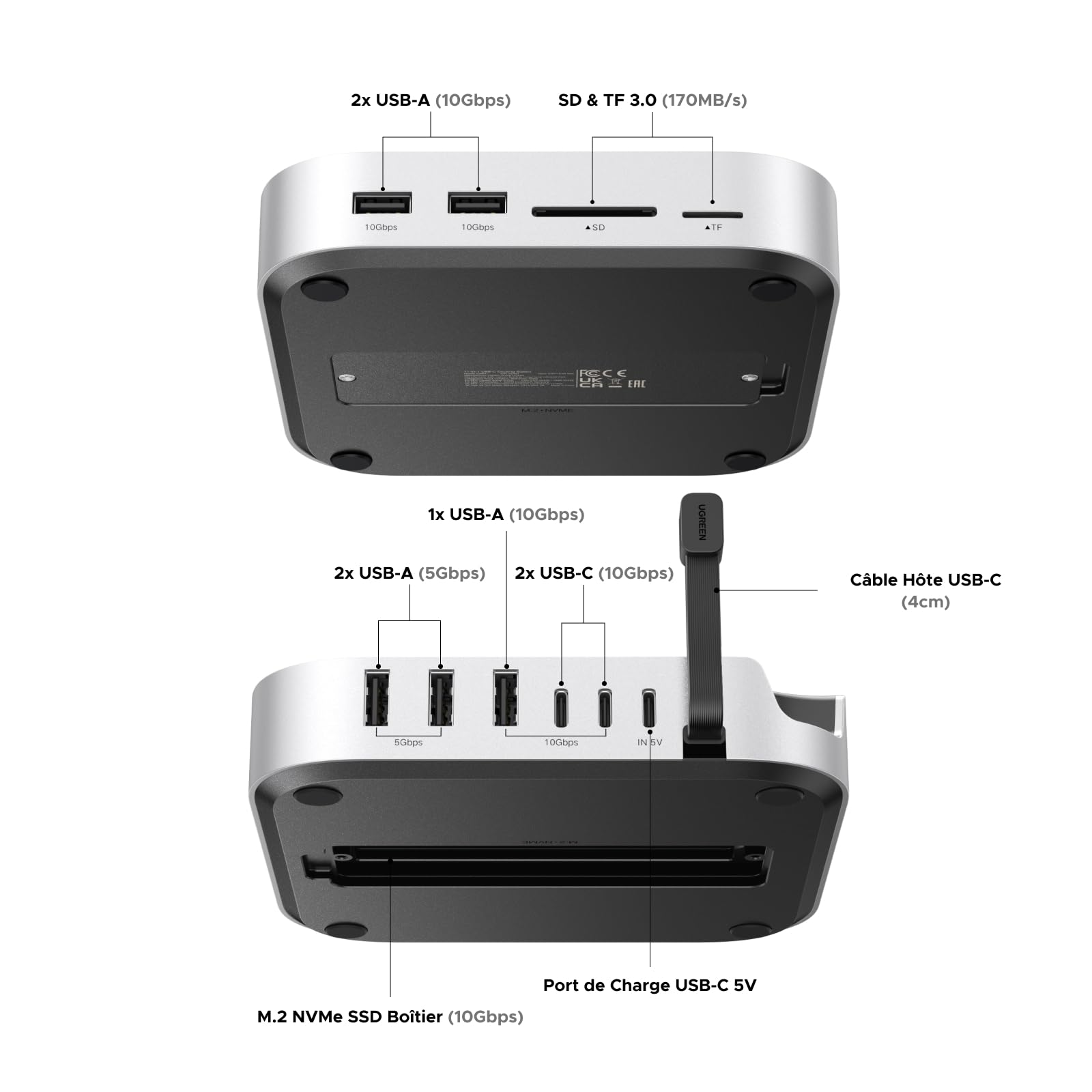 UGREEN Station d'accueil et Support Compatible avec Mac Mini M4 et M4 Pro 11 en 1 Docking Station Hub USB C avec Boîtier M.2 NVME SSD Lecteur de Carte SD TF 7 Ports USB 10Gbps ou 5Gbps
