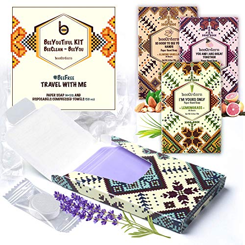 Soap Sheets Portable Dissolvable Set - 4 Scented Paper Hand Soap Papers Pocket Box and 50 Mini Disposable Compressed Towels Set for Travel Handwashing