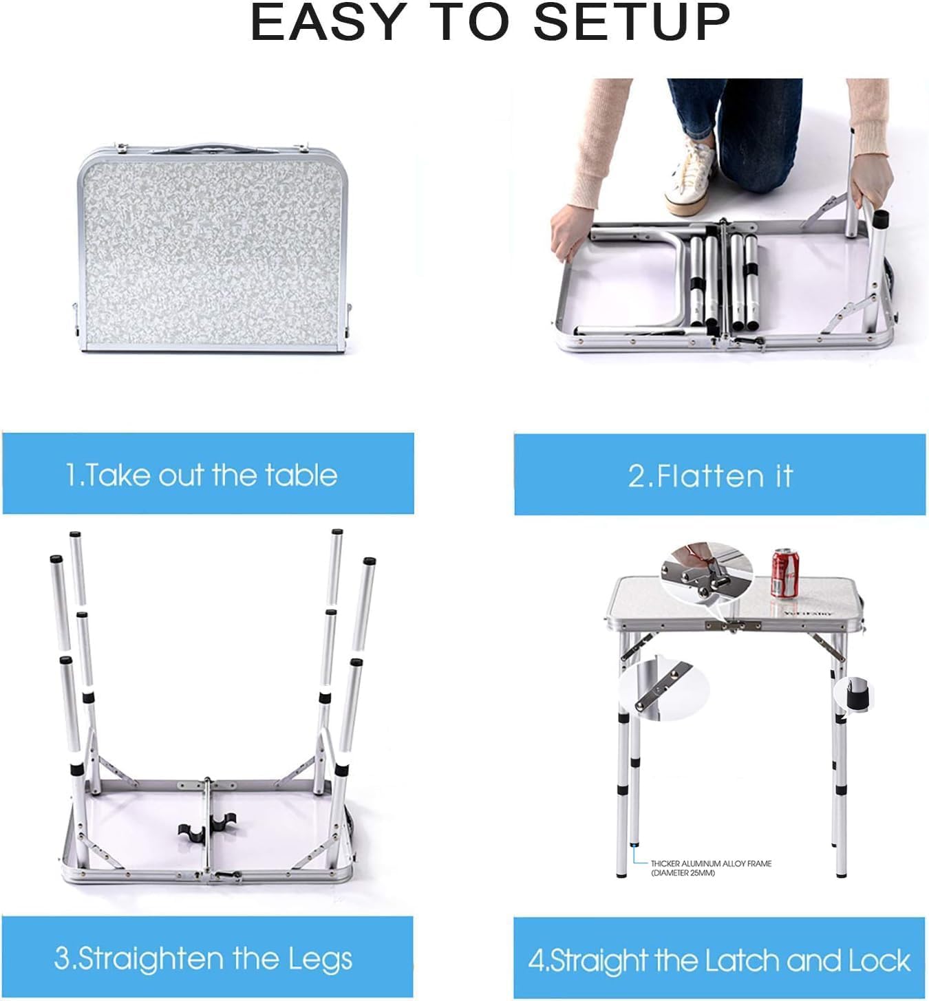 YUFIFAIRY Folding Table Small, 24''L x16''W Camp Aluminum Table with Adjustable Height Legs, Indoor Outdoor Lightweight Portable Folding Aluminum Dining Table for Picnic Camping 2-Feet（10"/19"/27）