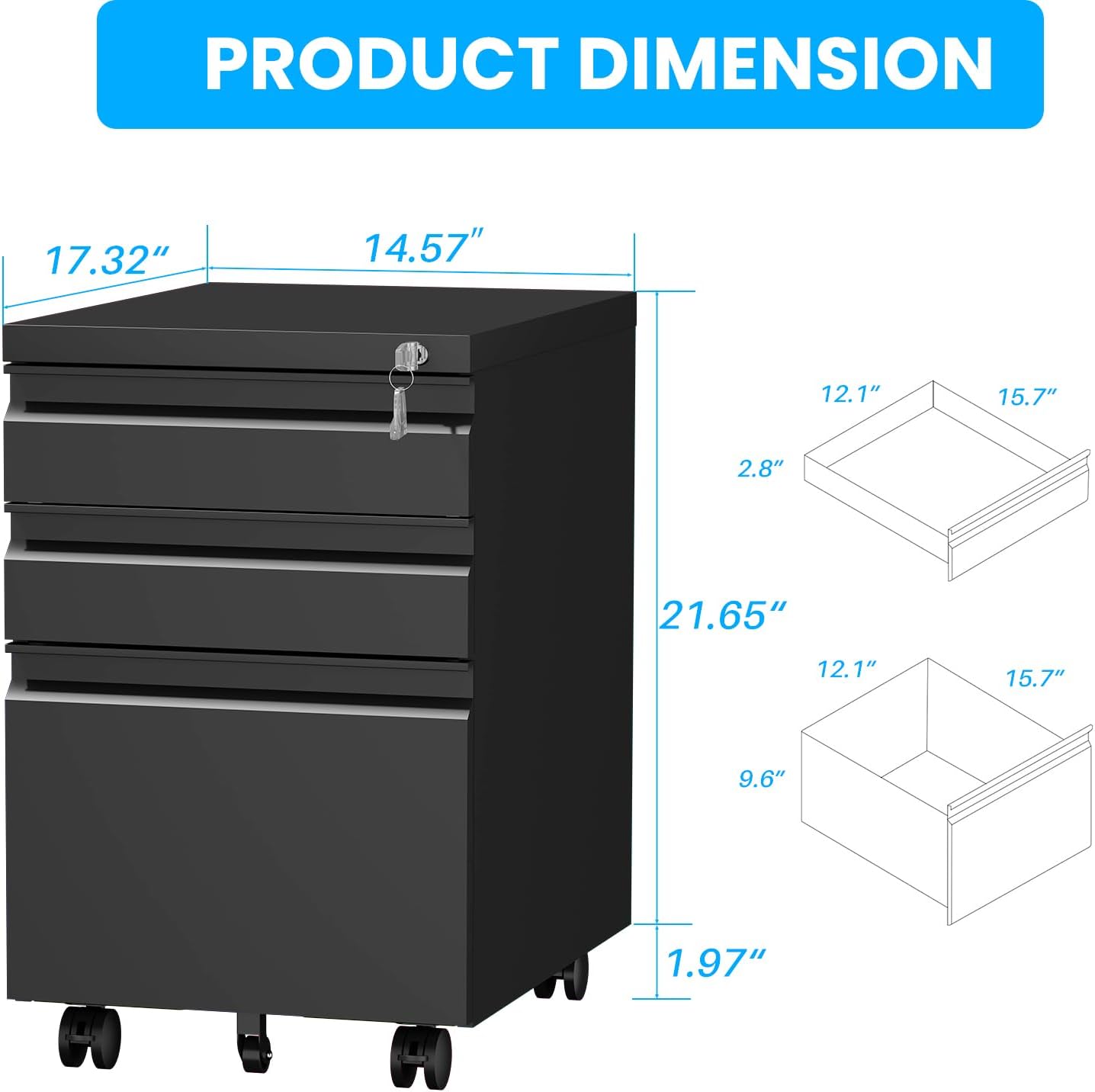 3 Drawer Filing Cabinet, Mobile Metal File Cabinet with Lock for Home Office, Under Desk Fully Assembled Organizer Storage for Letter/Legal/A4, Heavy Duty