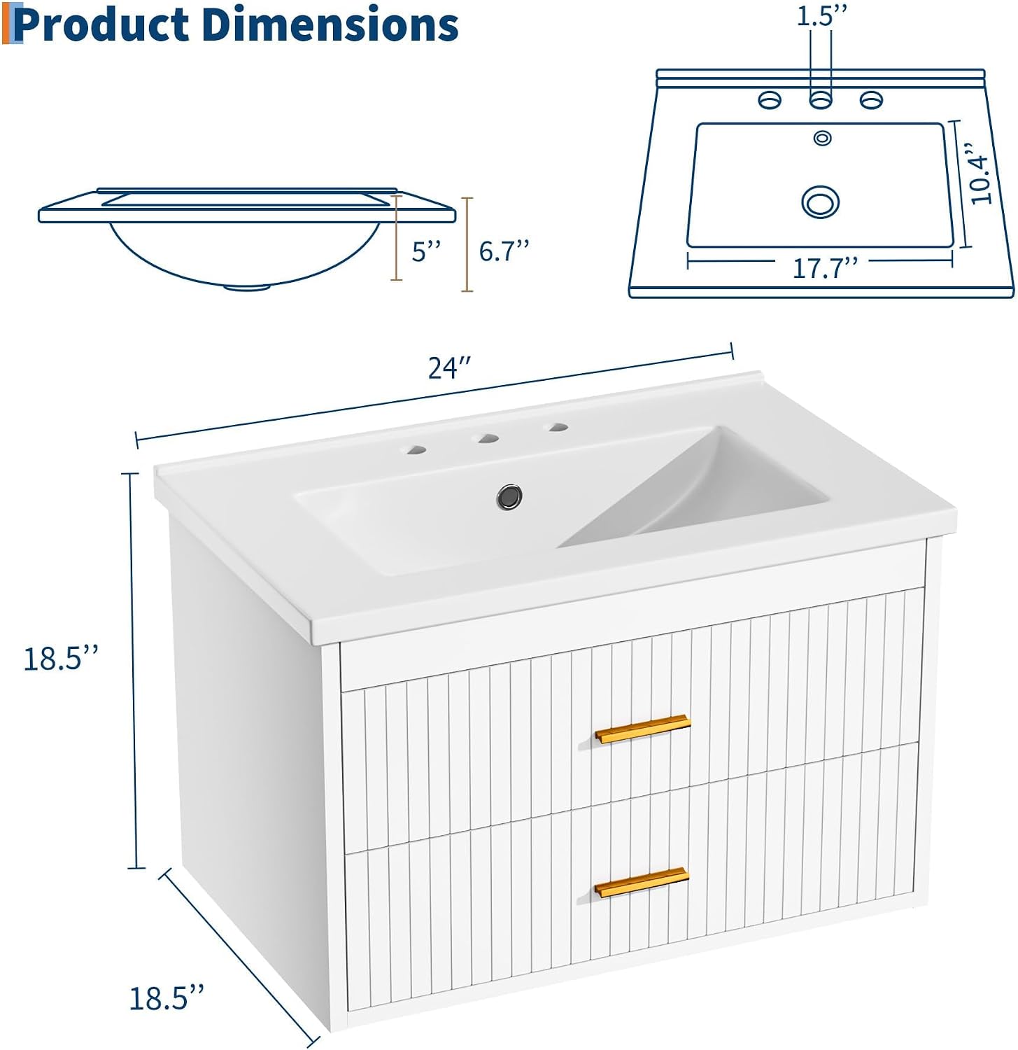 24 Inch Bathroom Vanity with Sink, Floating Wall Mounted Bathroom Storage Cabinet with 2 Soft-Close Drawers & Gold Handles, Modern Vanity Cabinet, Easy to Assemble, Black Sink Vanity Combo Set