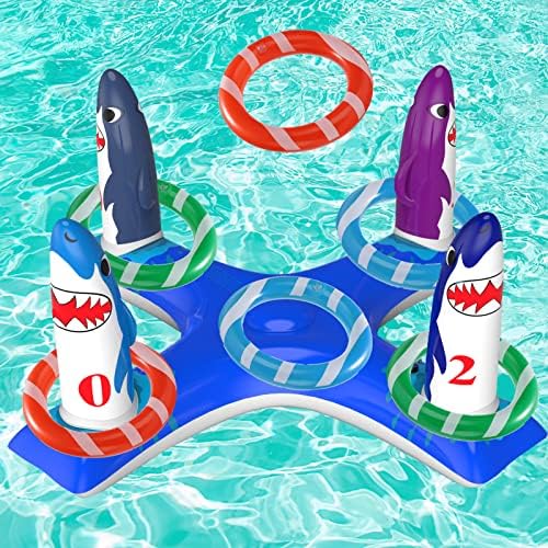 Uniqhia Inflatable Pool Ring Toss Games Toys, Floating Shark Flamingo Dinosaur Unicorn Swimming Pool Ring with 6Pcs Rings, Swimming Pool Games for Kids Adults Summer Pool Party