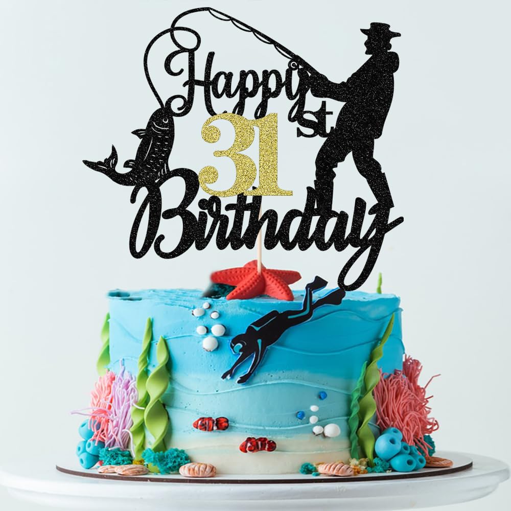 Fishing Happy 31st Birthday Cake Topper - Man Fisherman Theme Cake Decor -Fisherman 31 Years Old Party Decorations,Cheers to 31 Years,Fishing Themed 31st Birthday Party Decorations