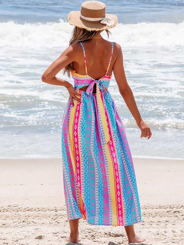 Image of popvil Women's Summer Dress Colorful Striped Print V-Neck Strap Beach Maxi Sundress