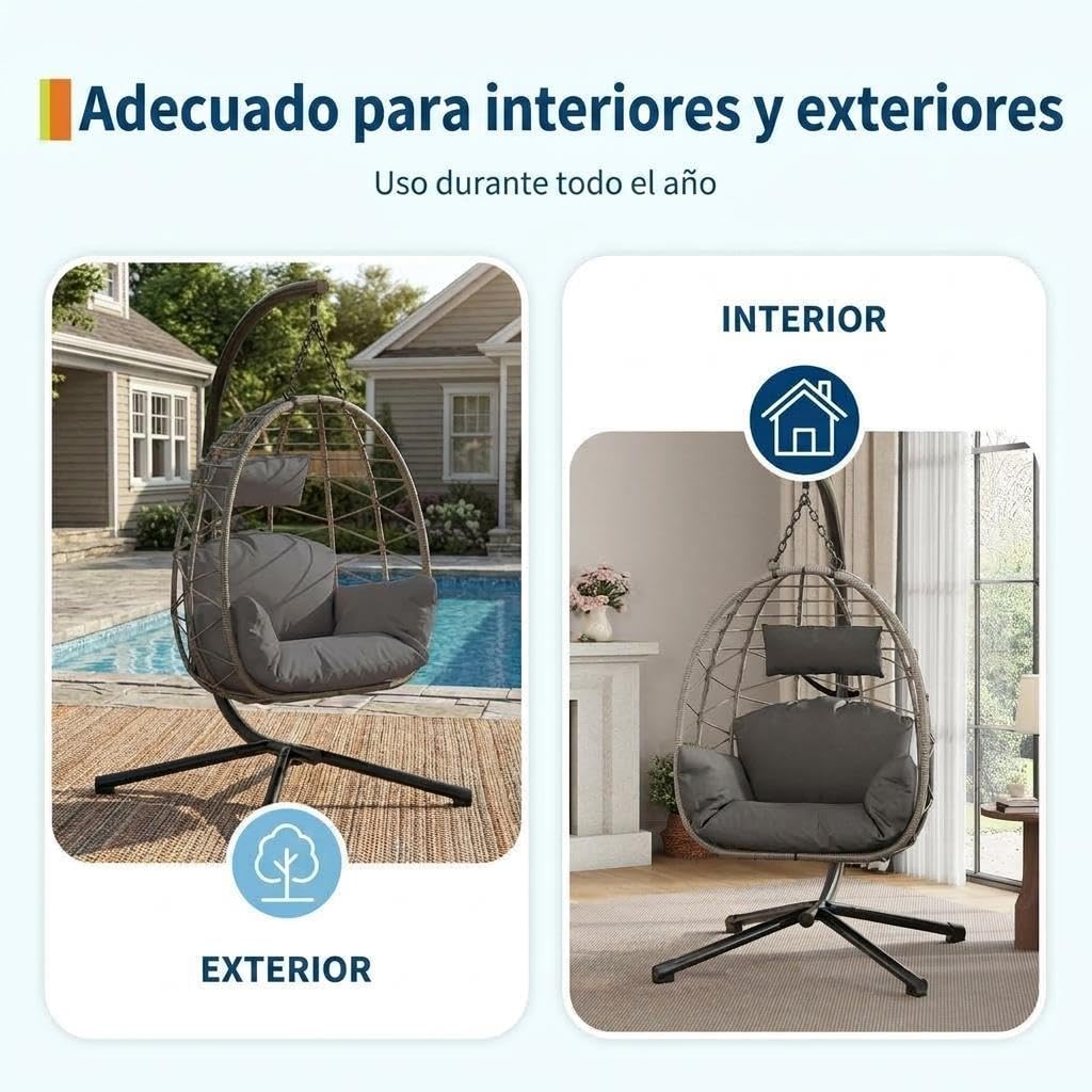 Silla Colgante Plegable Con Soporte, Sillón Colgante Tipo Huevo Con Cojines Impermeables y Reposacabezas Ajustable, Estructura De Acero Resistente Hasta 150 kg, Para Jardín, Balcón, Terraza e Interior