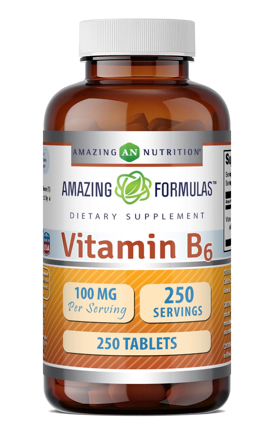 Amazing Formulas Vitamin B6 Supplement | 100 Mg per Serving | Tablets | Non-GMO | Gluten-Free | Made in USA (1 Pack, 250 Count) Unflavored 250 Count (Pack of 1)