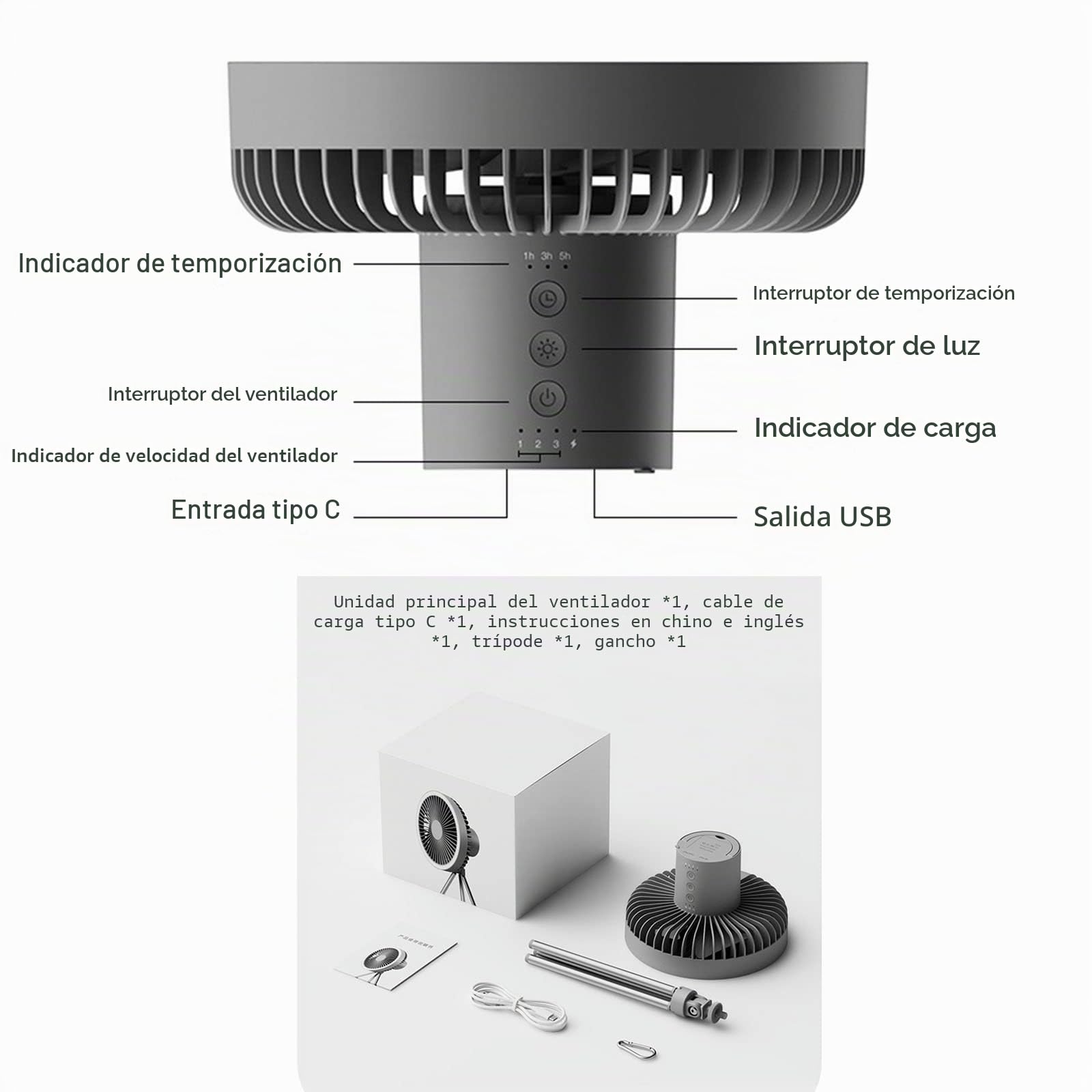 Ventilador de tienda con trípode, ventilador de escritorio con luz, 18 x 18 cm, 560 g, 10000 mAh, tiempo de trabajo 27 H (gris)