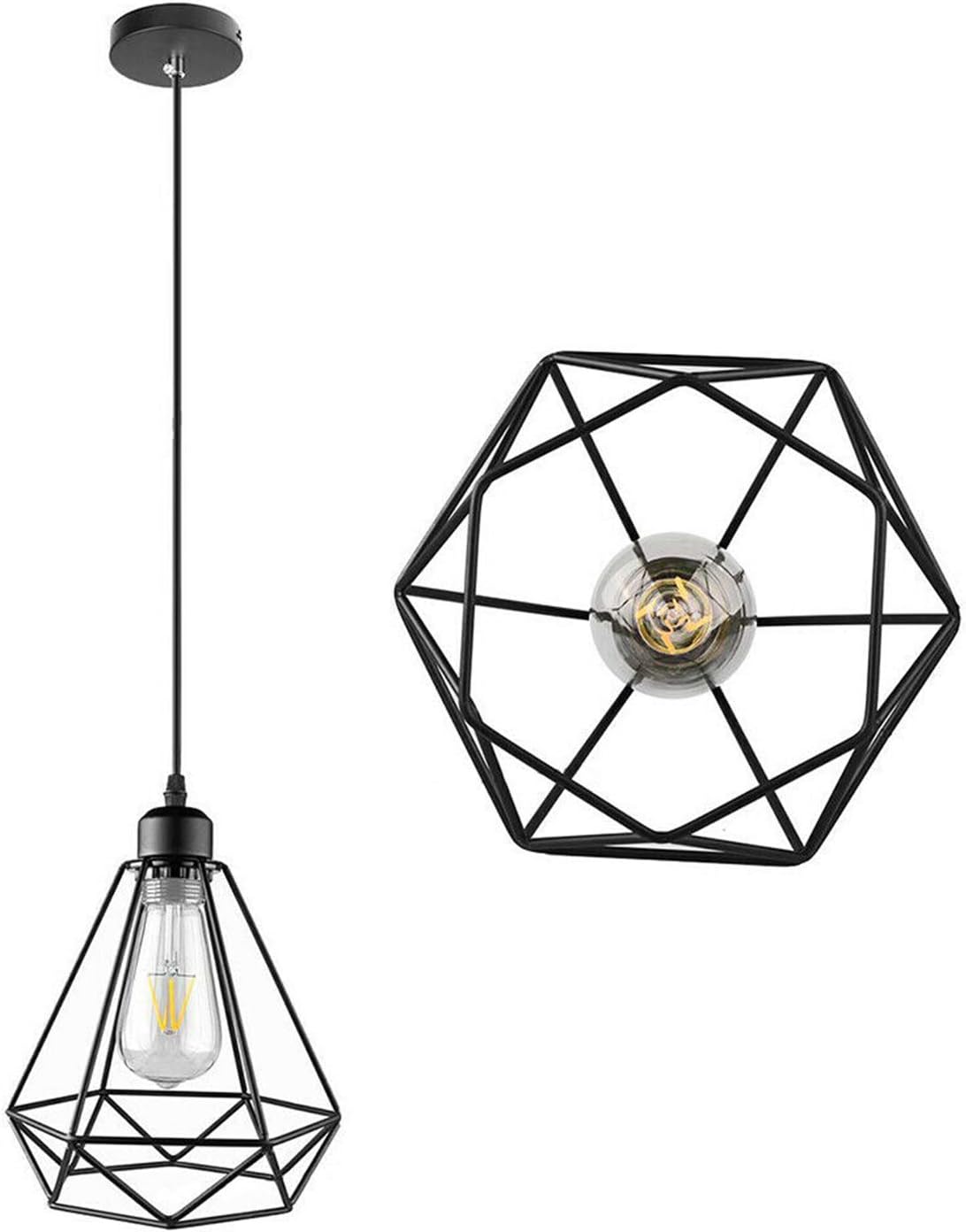HUIBONA Retro Style Vintage Ceiling Pedant Light Fixture, Bird Cage Shape Diamond Lampshade E27 Screw with 3-core 1m Adjustable Cable (Black)