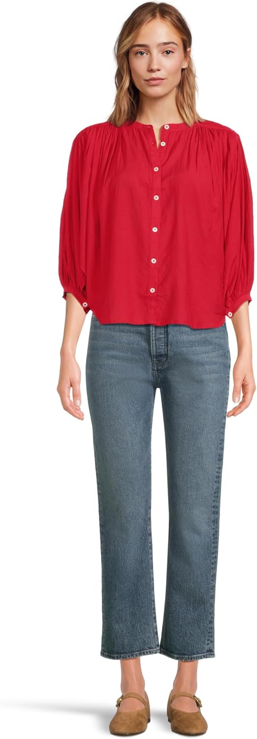 Madewell Womens Shirred Crewneck Button-up Top - Image 6