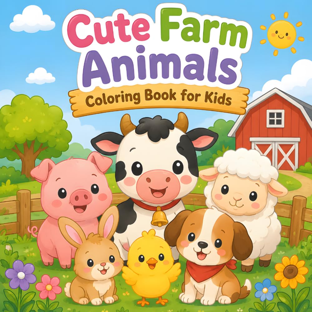 Cute Farm Animals Coloring Book for Kids: Fun & Easy Barnyard Animal Coloring Pages for Preschool, Kindergarten & Early Learners | Cute Cow, Pig, Sheep & Farm Friends